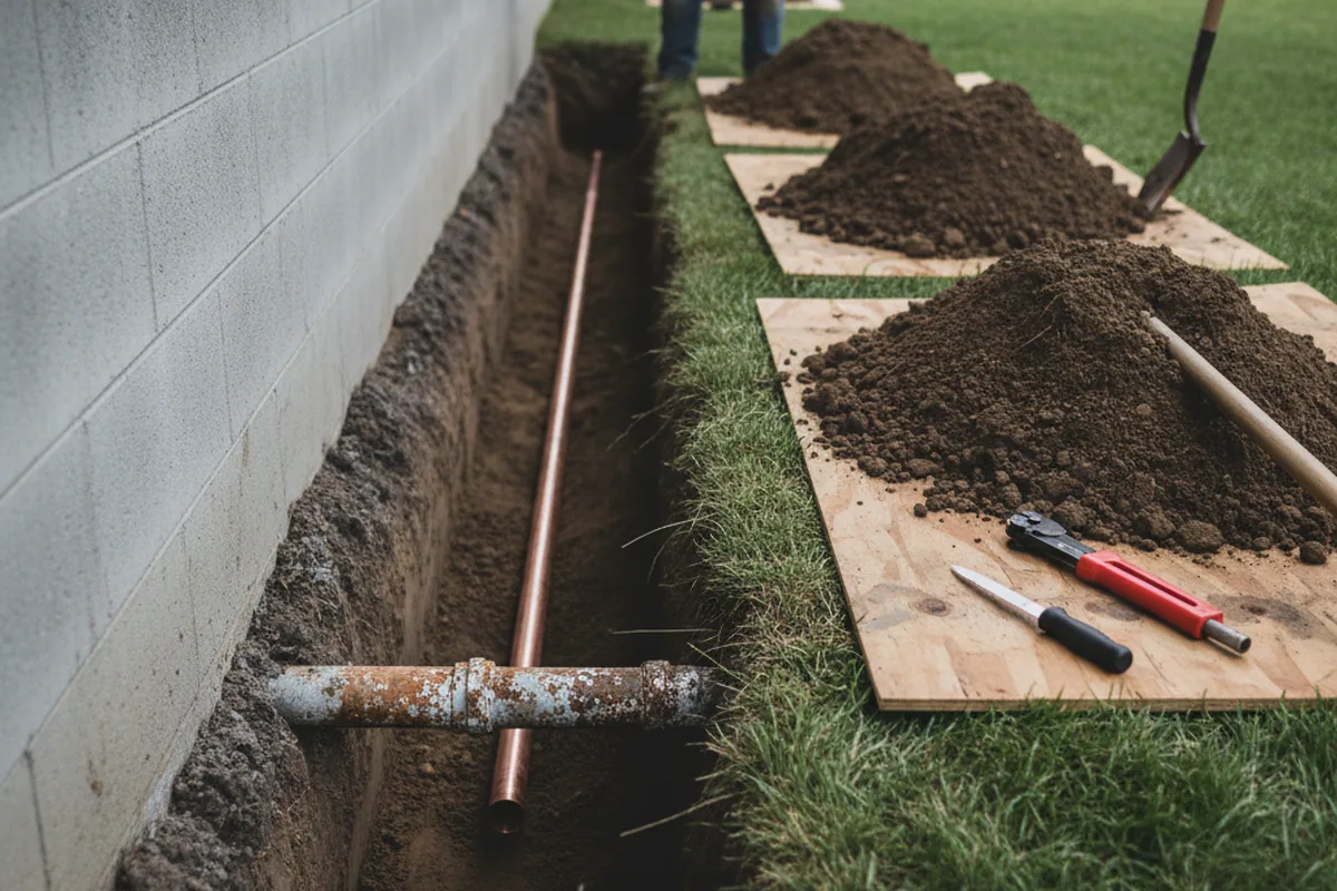 Excavated water line trench during Sewer Line Repair in Passaic